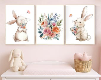 Bunny Nursery Art Prints: Watercolor Rabbit & Floral Decor, Set of 3