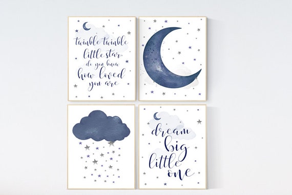 Nursery decor boy, navy nursery wall art boy, moon and stars, navy blue, dream big little one, navy nursery set, star nursery, baby room art