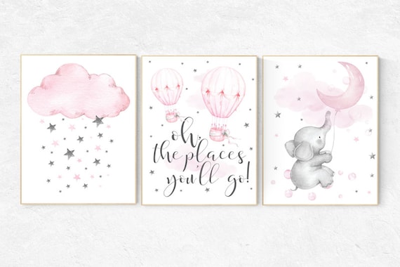 Nursery decor girl elephant, nursery wall art, pink gray, hot air balloon, pink grey, cloud and stars, baby room decor girl, nursery prints