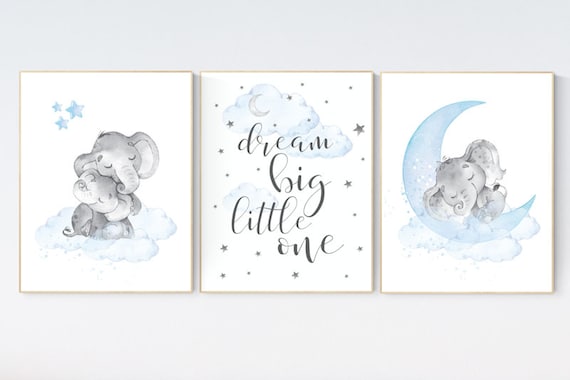 Nursery decor boy elephant, nursery wall art elephant, baby room decor boy, dream big little one, Elephant Nursery Art, Baby Boy Nursery Art