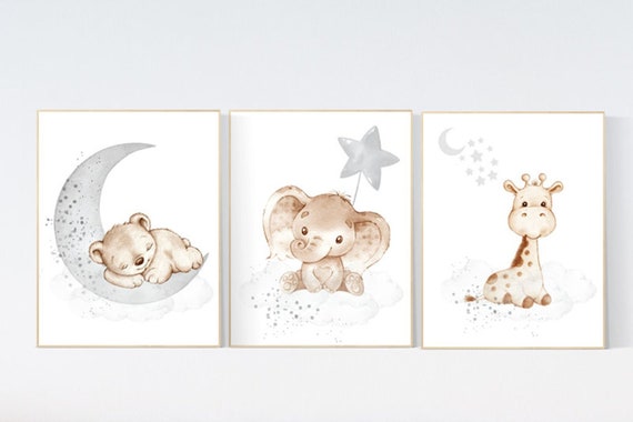 Canvas Listing: Nursery wall art animals, gray nursery, gender neutral nursery, neutral nursery, baby room decor, bear, elephant