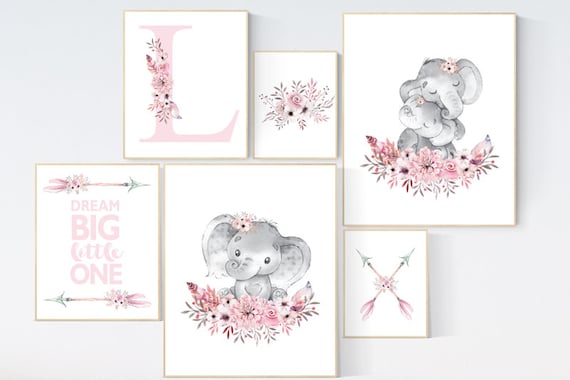 Boho nursery decor girl, elephant nursery decor girl, nursery decor girl name, nursery decor girl flower, pink nursery print, arrow, flower