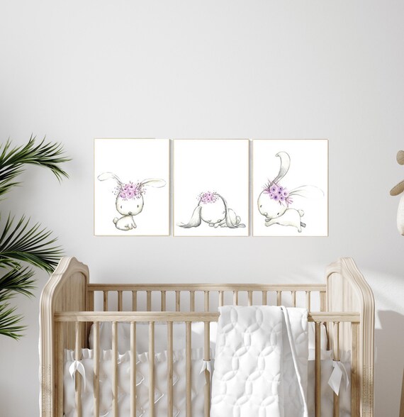 Bunny nursery decor, animal nursery decor girl purple, nursery decor girl bunny, animal flower crown, nursery decor girl lavender and gray