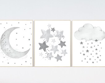 Moon and Stars Nursery Art: Neutral Gray Baby Room Decor