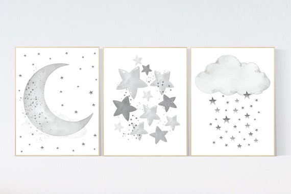 Nursery wall art grey, gray nursery, nursery decor neutral, baby room decor gender neutral, moon and stars, grey nursery decor baby room art