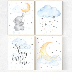 Nursery wall art elephant, nursery decor neutral, dream big little one, nursery gender neutral, cloud and stars, baby room decor, balloon