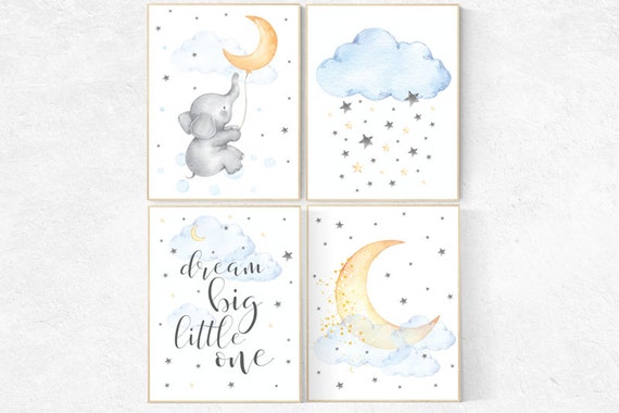 Nursery wall art elephant, nursery decor neutral, dream big little one, nursery gender neutral, cloud and stars, baby room decor, balloon