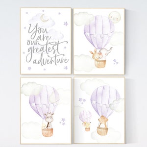 Purple nursery, lilac nursery, hot air balloon nursery, you are our greatest adventure, animal nursery, girl nursery wall, lavender nursery