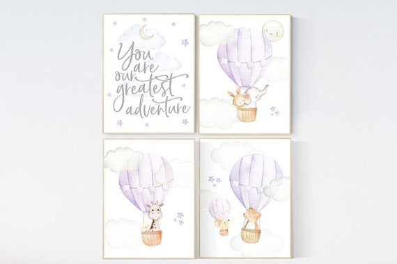 Purple nursery, lilac nursery, hot air balloon nursery, you are our greatest adventure, animal nursery, girl nursery wall, lavender nursery