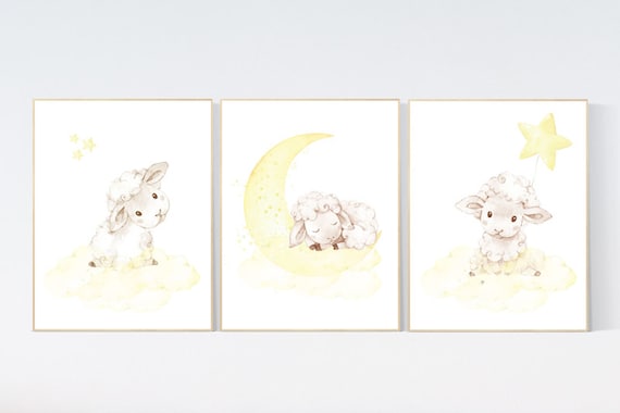 Sheep nursery decor, yellow nursery decor, nursery decor lamb, nursery wall art sheep, gender neutral, yellow prints, lamb nursery