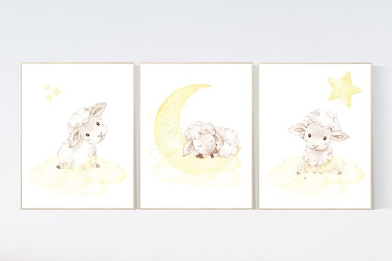 Sheep nursery decor, yellow nursery decor, nursery decor lambs, nursery wall art sheep, moon and cloud wall art nursery gender neutral