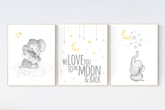 Nursery decor girl yellow, nursery wall art elephant, moon and stars, gender neutral, yellow and gray nursery art, twin nursery, neutral