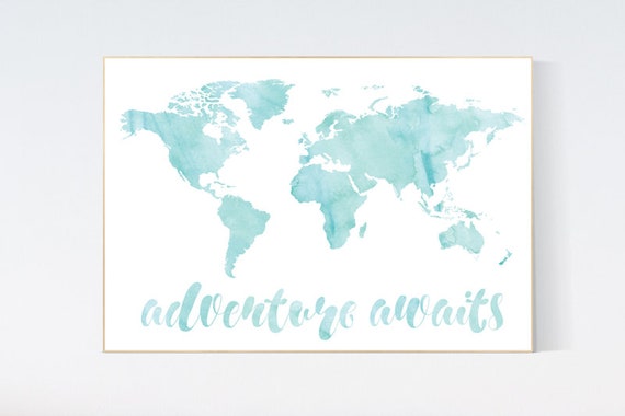 Mint nursery decor, watercolor world map nursery wall art, teal nursery decor, aqua nursery, turquoise nursery, adventure awaits, travel