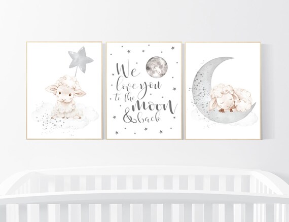 Sheep nursery decor, Gray nursery, nursery decor lamb, nursery wall art, gender neutral, grey nursery, we love you to the moon and back
