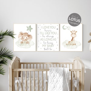 Wandbild für Babyzimmer, grünes Kinderzimmer, salbei grün, Bild für Babyzimmer, Deko für Baby, Giraffe, Elefant, Tierprints