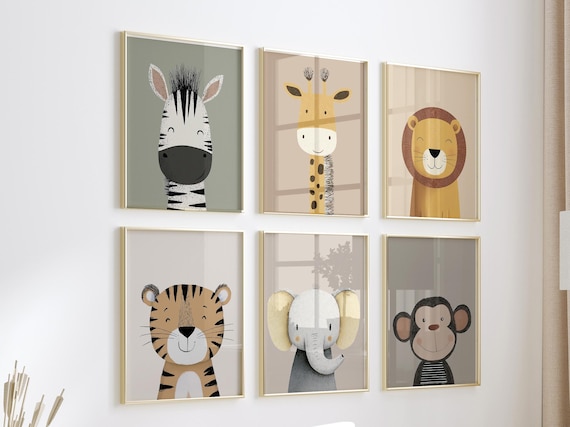 Animal Art Prints Set of 6, Neutral Nursery Wall Art