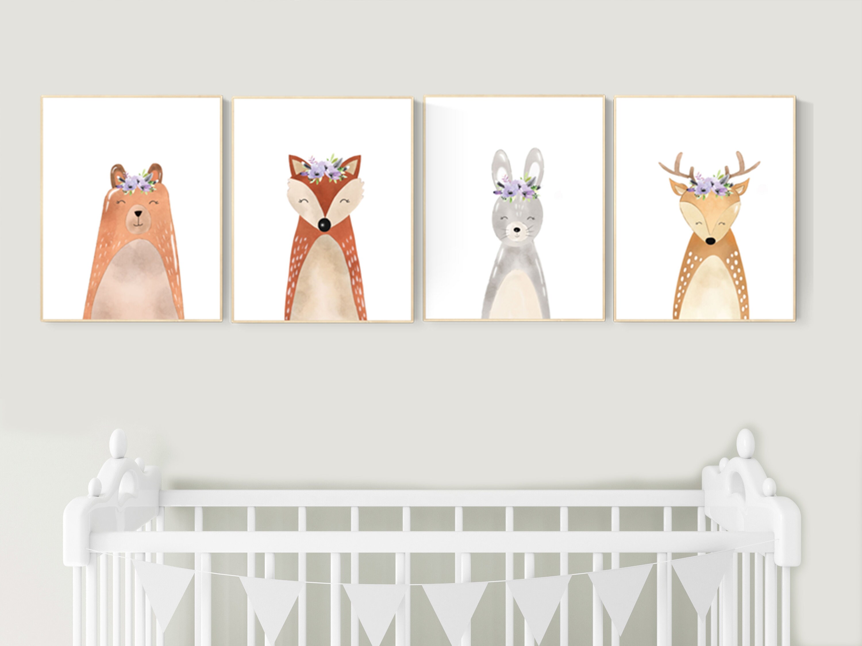 Nursery decor girl woodland, nursery decor girl purple, animal flower crown nursery decor