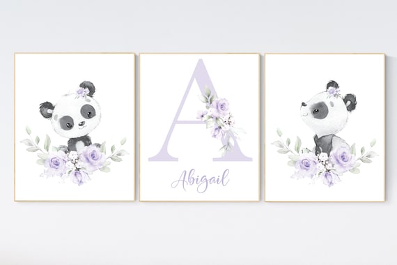 Nursery decor girl, panda nursery, lilac nursery, purple nursery, floral, nursery decor animal, girl nursery, flower nursery, name nursery