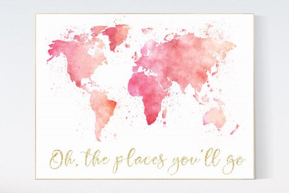 Pink gold world map watercolor, oh the places you'll go, blush pink and gold, world map print for nursery, nursery decor girl, pink and gold