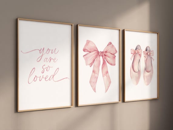 Pink Ballet Nursery Wall Art Set – “You Are So Loved” Quote, Ballerina Shoes & Bow Prints, Baby Girl Room Decor, Blush Ballet Artwork