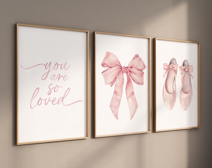 Pink Ballet Nursery Art Prints: Ballerina Shoes, Bow, Quote