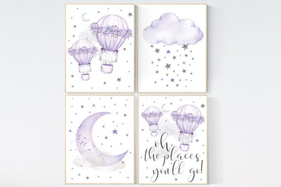 Nursery decor girl purple, nursery decor hot air balloons, lavender and gray, hot air balloon, oh the places you'll go, lilac nursery, cloud