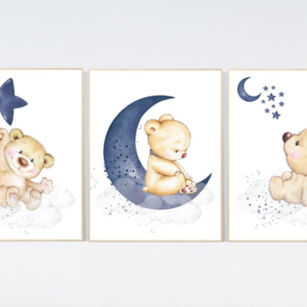 Teddy Bear Nursery Print: Navy Blue Moon & Stars