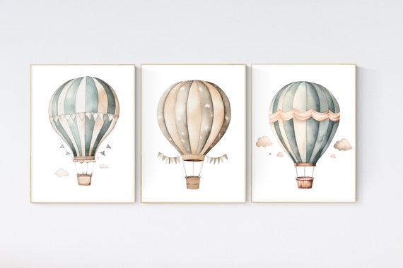 Nursery decor gender neutral, sage green, hot air balloon, green nursery, baby room decor, nursery prints, travel theme nursery, adventure