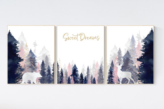 Nursery decor woodland, mountain wall art, tree nursery decor, adventure theme nursery, forest, navy, blush, gold woodland animals, forest