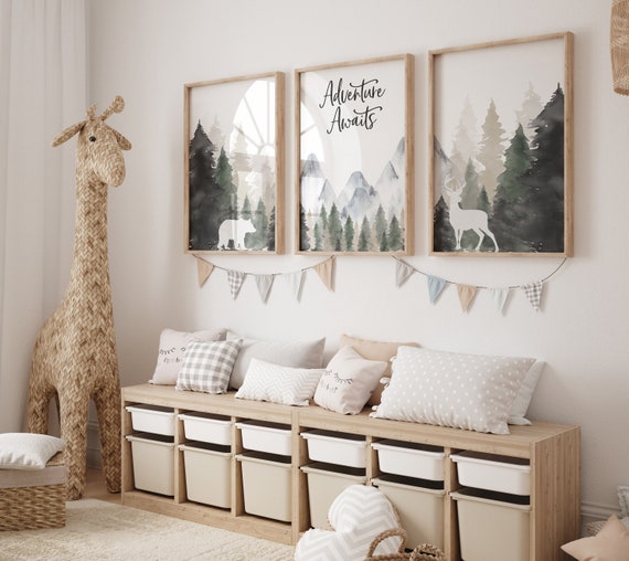 Nursery decor woodland, mountain wall art, tree nursery decor, adventure theme nursery, forest, sage green, beige, woodland animals