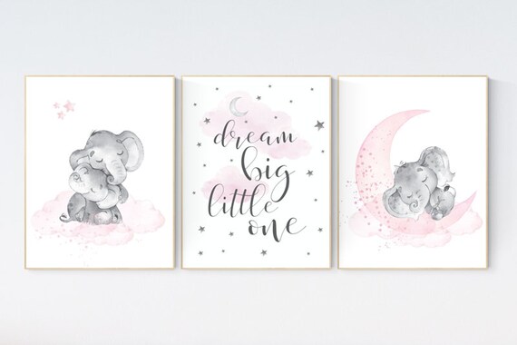 Elephant nursery, nursery wall art elephant, nursery decor girl, dream big little one, pink nursery, baby room decor girl, nursery prints