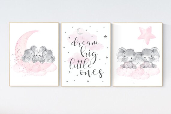 Elephant nursery art, twin nursery, elephant nursery print, pink and gray nursery, cloud and stars nursery, baby room decor girl