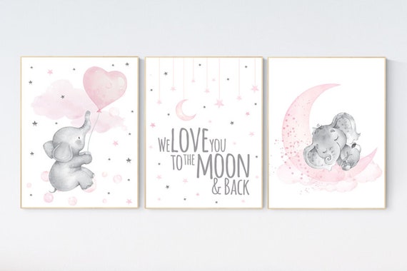 Nursery wall art girl, cloud and stars nursery, pink nursery, nursery decor elephant, we love you to the moon and back, elephant balloon