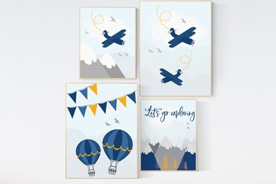 Nursery decor boy mountain, adventure nursery, navy nursery, nursery decor boy plane, world map, mountain, boys room, hot air balloon