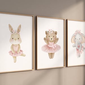 バレリーナの動物、女の子の赤ちゃんの部屋の装飾、象の保育園、ウサギの保育園、クマの保育園、女の子の保育園のプリント、バレエのプリント、バレエの動物