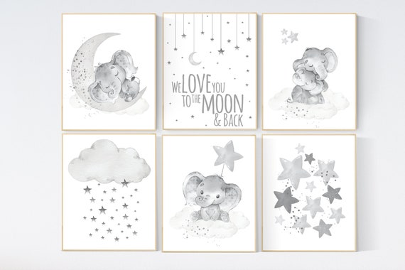 Nursery wall art gray, grey nursery, gender neutral, cloud and stars, we love you to the moon and back, elephant nursery set, neutral colors