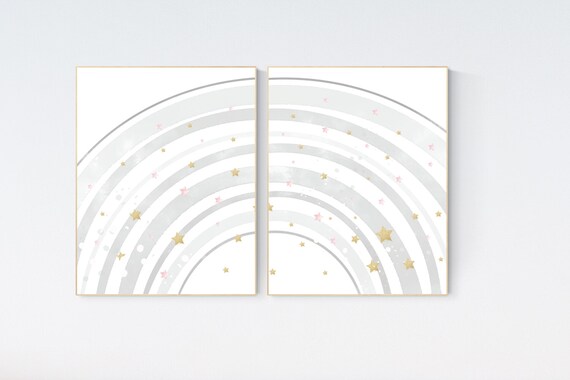 Nursery wall art grey, gray gold nursery, rainbow nursery, nursery decor neutral, baby room decor gender neutral, moon and stars, grey gold