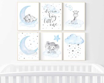 Baby boy nursery art, giraffe print nursery, Animal nursery prints, bear decor for nursery, blue grey elephant baby shower nursery decor boy