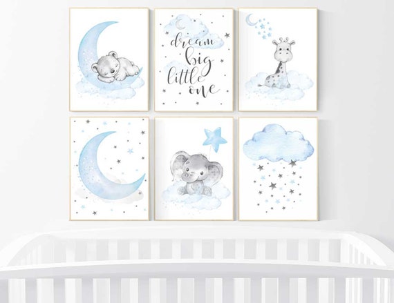 Baby boy nursery art, giraffe print nursery, Animal nursery prints, bear decor for nursery, blue grey elephant baby shower nursery decor boy
