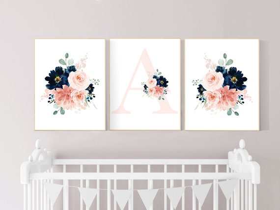 Blush navy flowers, nursery decor girl flower, nursery decor girl floral, blush navy flowers, navy and blush pink, name print, girl nursery