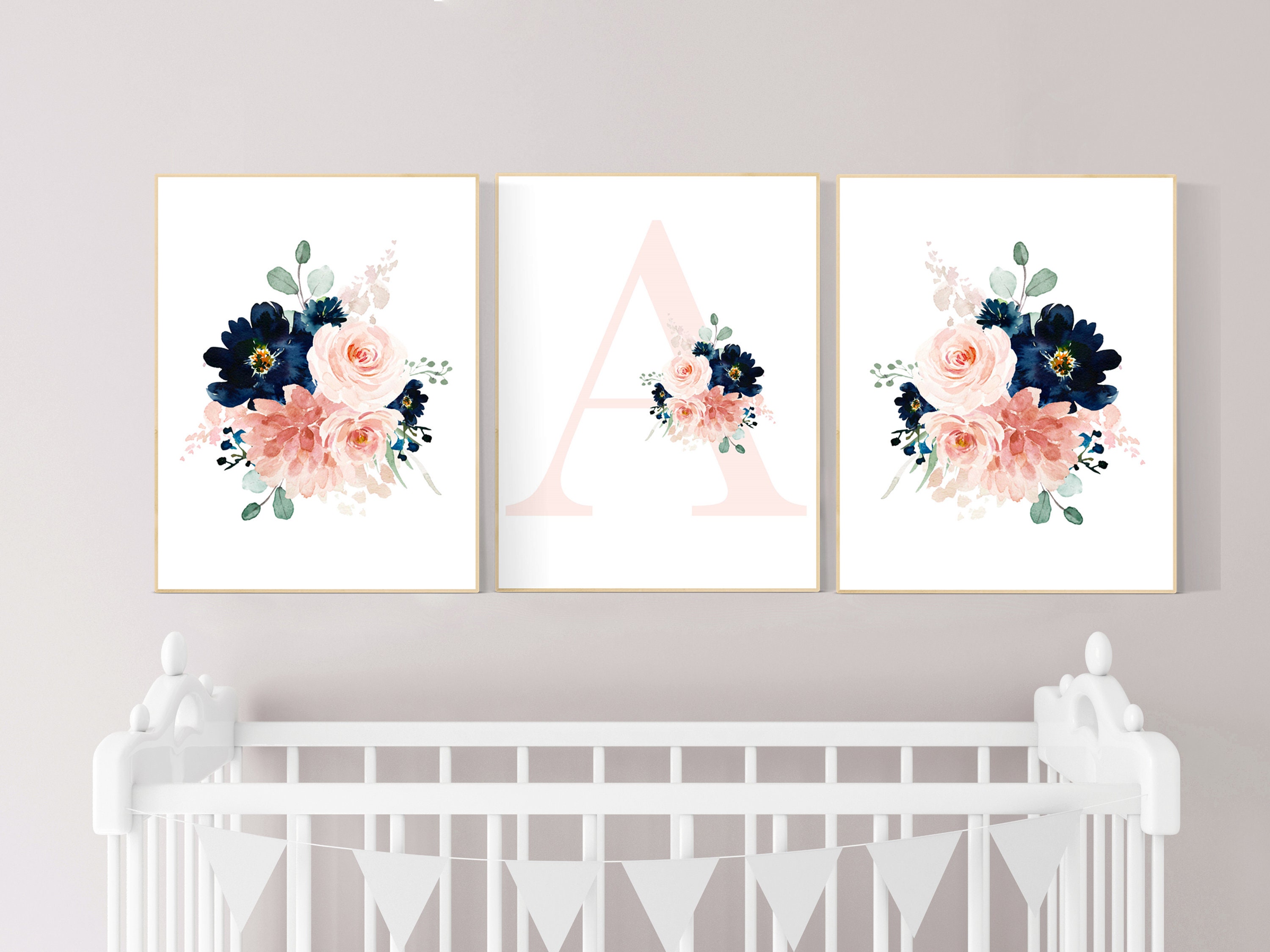 Blush Navy Flowers Nursery Decor Girl Flower Nursery Decor Girl