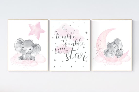 Elephant nursery, nursery wall art elephant, nursery decor girl, twinkle twinkle little star, baby room, girl nursery decor, moon and stars