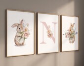 Nursery wall art girl bunny, boho nursery print, flower nursery, rabbit nursery, Wildflower Nursery, name print, blush nursery