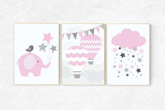 Pink and grey nursery decor, baby girl nursery wall art, pink silver nursery decor, pink silver, elephant nursery baby gift, pink and gray