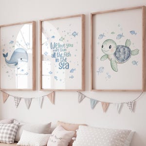 Ensemble d'art mural pour chambre d'enfant océan – impressions citation tortue baleine – décoration pour chambre de bébé animal marin – art mural bébé garçon aquarelle sous la mer