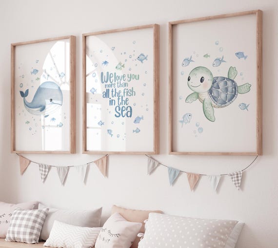 Ocean Nursery Wall Art Set – Whale Turtle Quote Prints – Sea Animal Baby Room Decor – Under the Sea Watercolor Baby Boy Wall Art