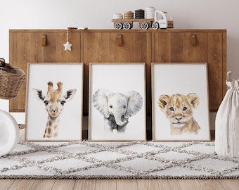 Safari Nursery Wall Art Prints, Giraffe Elephant Lion Nursery Decor