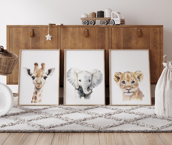 Safari Nursery Wall Art Prints, Giraffe Elephant Lion Nursery Decor
