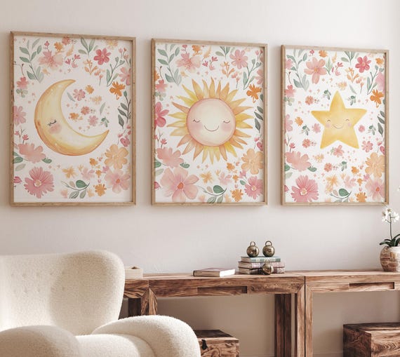 Floral Sun Moon Star Nursery Wall Art Set, Boho Baby Girl Room Decor