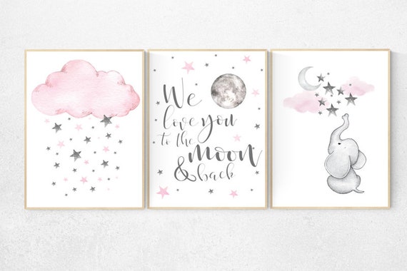 Elephant nursery, Nursery decor girl pink and gray, nursery decor girl pink, pink nursery, we love you to the moon and back, cloud nursery